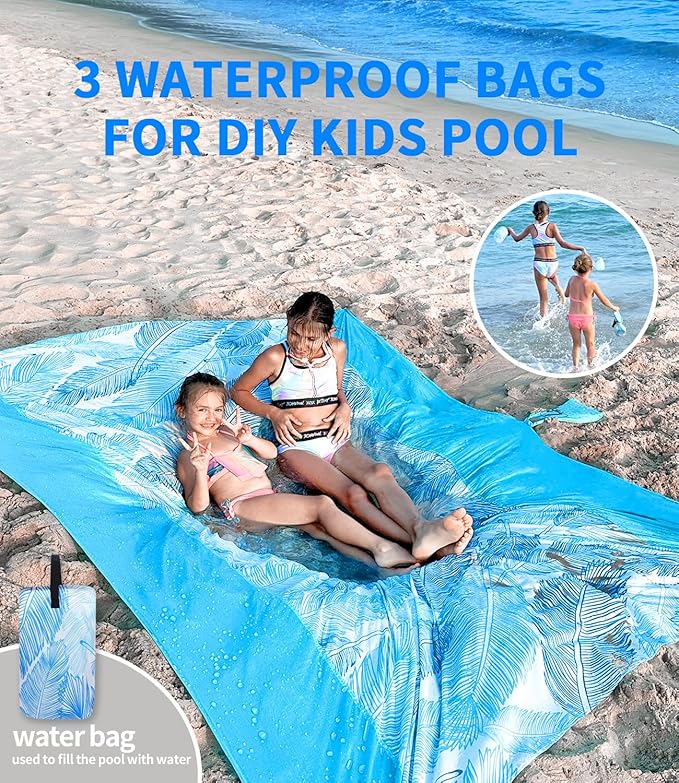 LH Beach Blanket Waterproof Sandproof, 84"*84" Large Beach Blanket for 5 Adults, Picnic Blanket Beach Mat for Camping, Beach Essentials Big & Compact Quick Drying, Lightweight & Durable with 4 Stakes