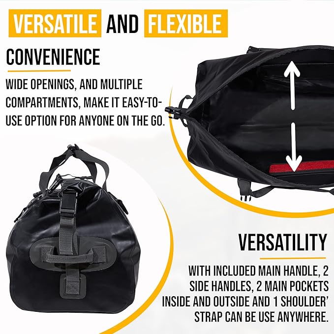 LEGEND Waterproof Duffel Bag - Heavy Duty Duffle Bag for Outdoor, Camping, Boating & Travel, Premium PVC Dry Duffel Bag, Motorcycle Dry Bag with Durable Strap & Handles with Large Storage - 80L Black