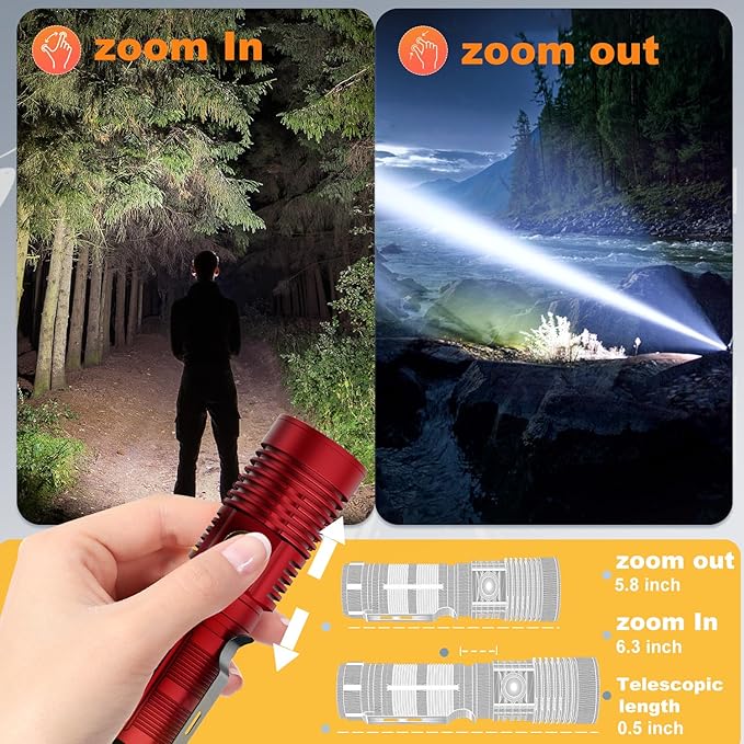 Small Tactical Flashlights 20000 High Lumens - 1500 Meters Long Beam Super Bright LED Magnetic Flashlight USB Rechargeable Zoomable 5Modes Long Beam Spotlight Flashlight for Hiking, Camping-Red