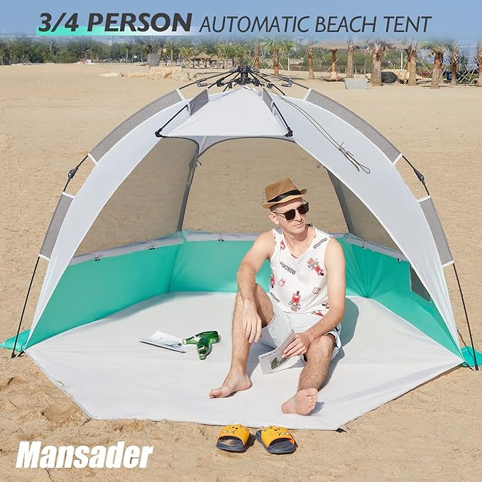 2-3 Person Large Instant Pop Up Beach Tent, UV Protection Portable Easy Setup Sun Shade Shelter, Extended Floor with 3 Ventilating Mesh Windows for Outdoor Camping Fishing (Green)