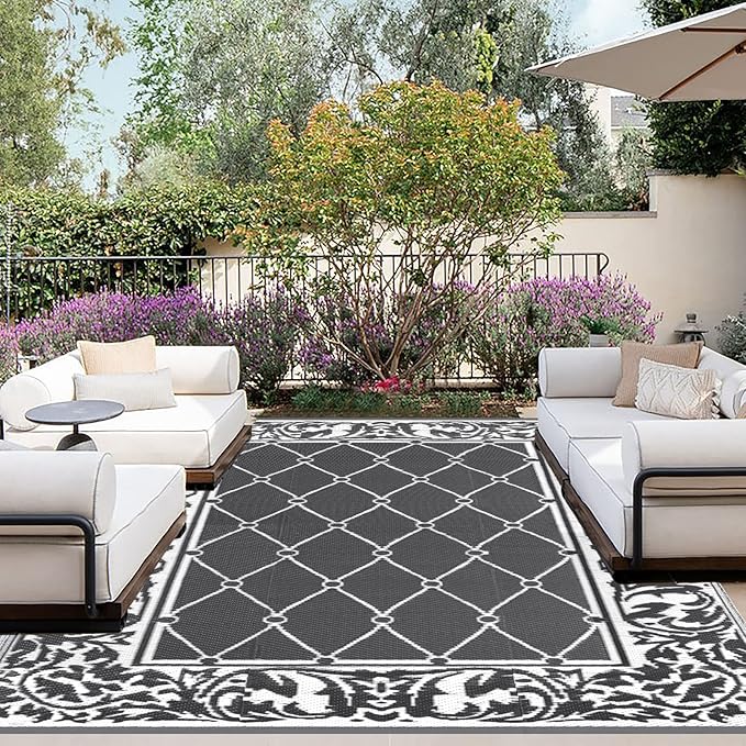 OutdoorLines Indoor Outdoor Rugs for Patio 5x8 ft - Reversible Outside Carpet, Stain & UV Resistant Portable RV Mats, Plastic Straw Rug for Camping, Pool Deck, Porch Rhombus Gray & White