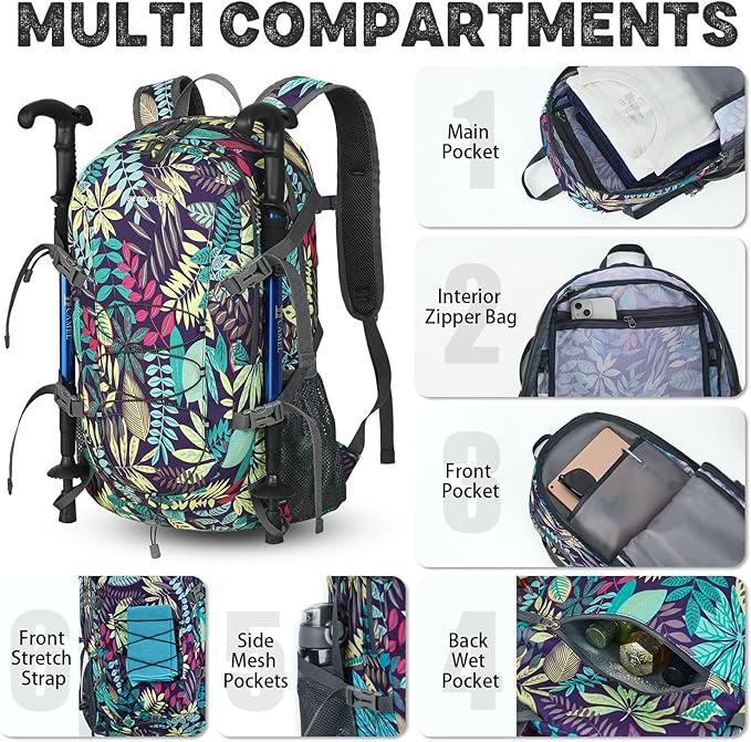 40L Lightweight Hiking Backpack Travel Packable Daypack for Women and Men, Purple Leaf