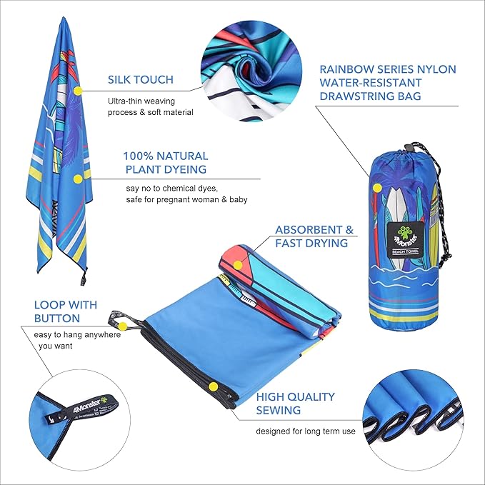 4Monster Microfiber Beach Towel Quick Dry,Super Absorbent Lightweight Travel Towel for Swimmers, Sand Free Camping Towel, Beach Towels for Pool, Swim, Water Sports,Yoga,Gym,Backpacking