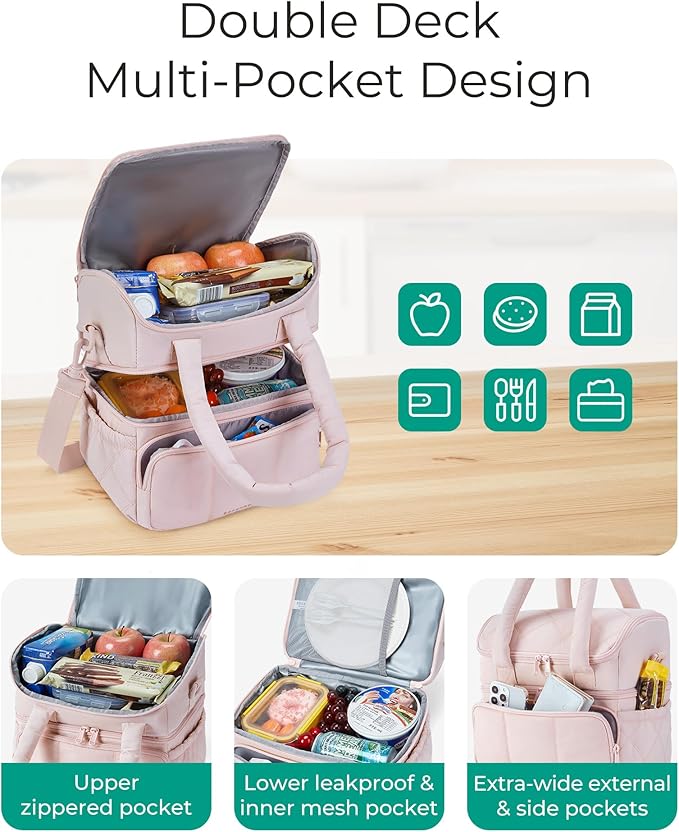 BAGSMART Lunch Bag Women, Double Deck Insulated Lunch Box, Quilted Puffer Lunch Tote, Leakproof, Durable & Reusable Large Lunch Cooler For Work Picnic Travel Meal Prep, Beige
