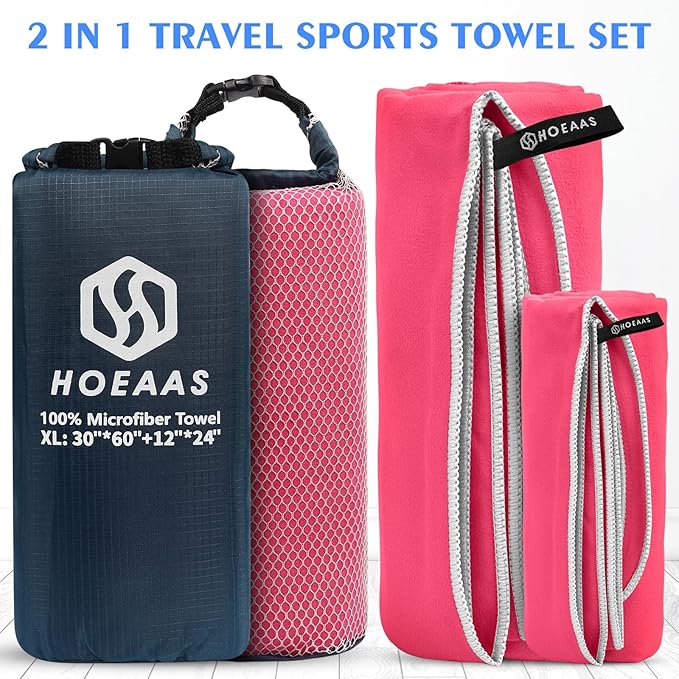 HOEAAS 2 Pack Microfiber Camping Towels, Quick Dry Towel, Super Absorbent Ultra Compact Travel Towel Soft Lightweight Sports Towel for Sweat Fast Drying Towels for Pool,Gym,Hiking,Backpacking,Fitness