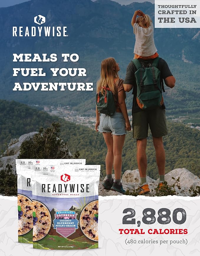 READYWISE - Outdoor Coconut Blueberry Multi-Grain, 15 Servings, Pack of 6, Emergency Preparedness, Freeze Dried Food, MRE, Snack Pack, Survival Food, Emergency Food for Backpacking, Camping, & Hiking