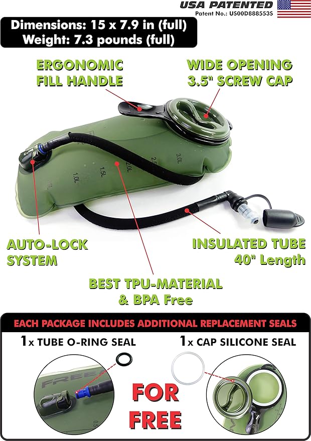 FREEMOVE Hydration Bladder 2L / 3L Water Bladder for Hiking Backpack >Blue or Green< Leak Proof Hydration Pack, Tasteless & BPA Free, TPU Water Reservoir, Quick Release Insulated Tube & Shutoff Valve