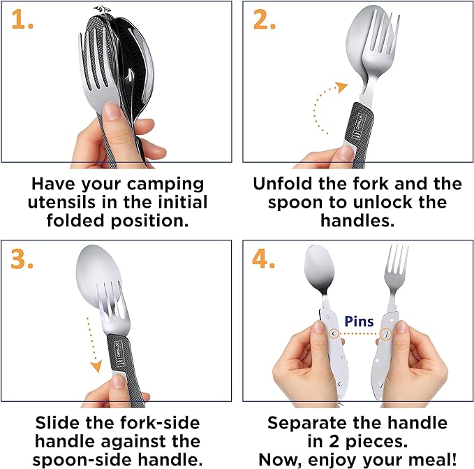 Orblue 4-in-1 Camping Utensils, 2-Pack, Portable Stainless Steel Spoon, Fork, Knife & Bottle Opener Combo Set - Travel, Backpacking Cutlery Multitool, Hot Pink