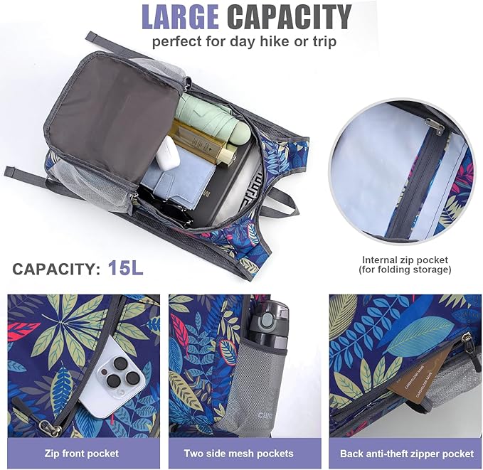 15L Hiking Backpack Small Travel Backpack Lightweight Packable Backpacks Casual Daypack for Women and Men, Blue Leaf