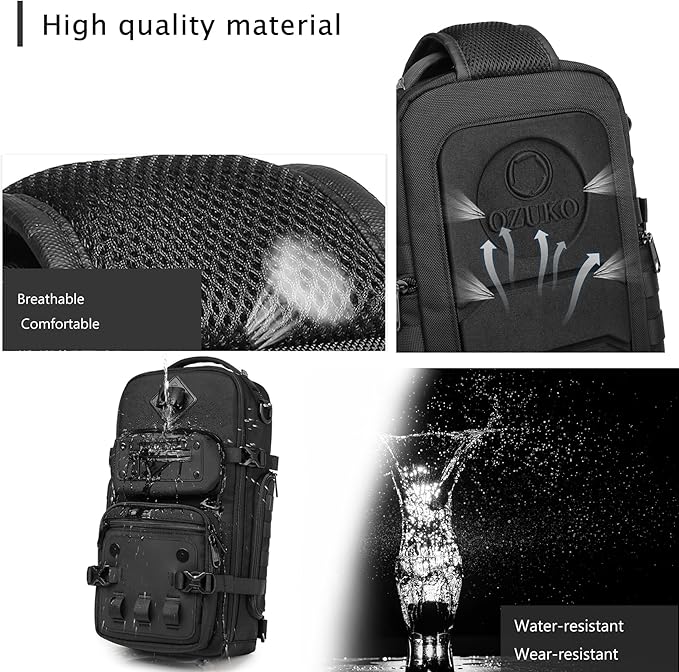 OZUKO Multipurpose Sling Bag for Men, Large Capacity Crossbody Shoulder Bag Waterproof Sling Chest Backpack with Tripod Holder Fit for Outdoor Travel Photography (Black)