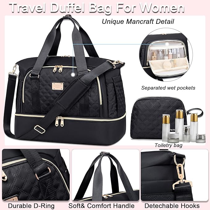 Weitars Women's Gym Duffel Bag - Travel Weekender with Shoes Compartment & Wet Pocket, Large Carry-On Overnight Bag (Black)