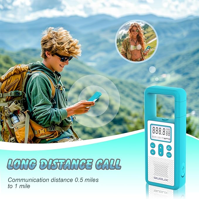Long Range Rechargeable Walkie Talkie 4-Pack with FM/NOAA, Weather Alert, LED Flashlight, USB Rechargeable, Bright Colors, Adjustable Volume, Ideal for Camping Survival (Rose Blue Green Orange)