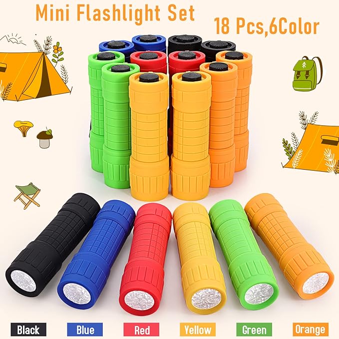 18Pack Mini Flashlights,9-LED Handheld Flashlight,Assorted Colors Mini LED Flashlight,Small Mini Flashlights with 54pcs AAA Batteries & Lanyard,Flashlight Bulk for Night Reading Camping Party Favors