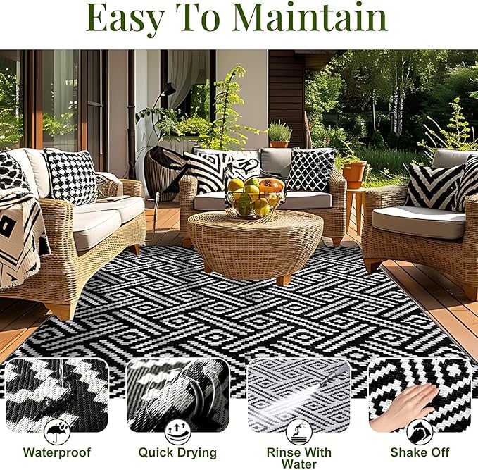 OPPODREAM Outdoor Rug 8x10 Patio Waterproof, Large Outdoor Plastic Straw Rug, Reversible Out Door Carpet for Camping, Deck, Rv, 8 x 10 Area Carpet for Balcony, Porch, Backyard, Black and White