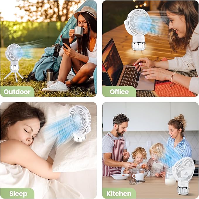 3-in-1 Portable Camping Battery Powered Fan with LED Lantern, Fan 8H Timer 270°Rotation Battery Operated Fan, 10400mAh Rechargeable USB Desk Beach Fan with Hook&Tripod, Super Quiet