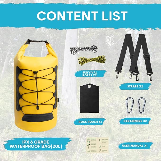 20L Bear Food Bag Hanging System, IPX 6 Grade Waterproof Leakproof Bear Bag Kit for Camping Hiking, Pulley System with Survival Ropes, Clips, Rock Pouch