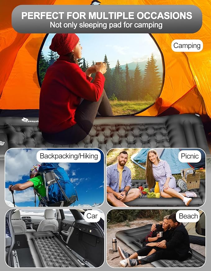 5'' Extra Thick Sleeping Pad for Camping - Self Inflating Camping Pad with Pillow Foot Pump, Roll Up Inflatable Mattress Pad for Camping Backpacking, Hiking, Tent, Traveling (Grey)