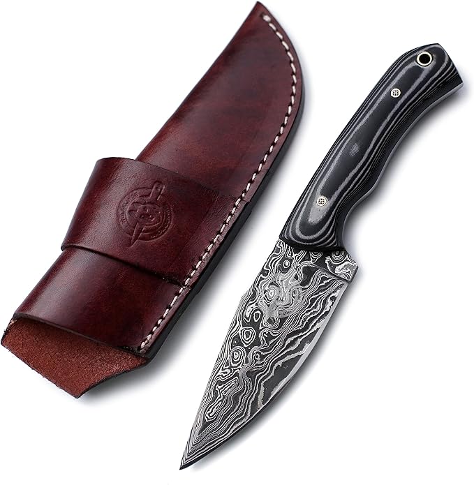 Handmade Damascus Steel Knife Bowie for Hunting,Survival,Camping,Bushcraft,and Fishing Fixed Blade with Drop Point Full Tang Micarta Handle, Leather Sheath - WKD-782
