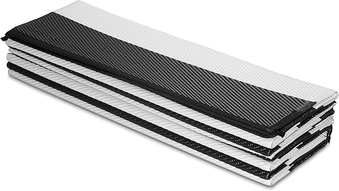 FH Home Outdoor Camping Rug - Waterproof, Fade Resistant, Reversible - Premium Recycled Plastic - Striped - Large Patio, Deck, Sunroom, RV - Brittany Stripe - Black & White - 9 x 12 ft Foldable