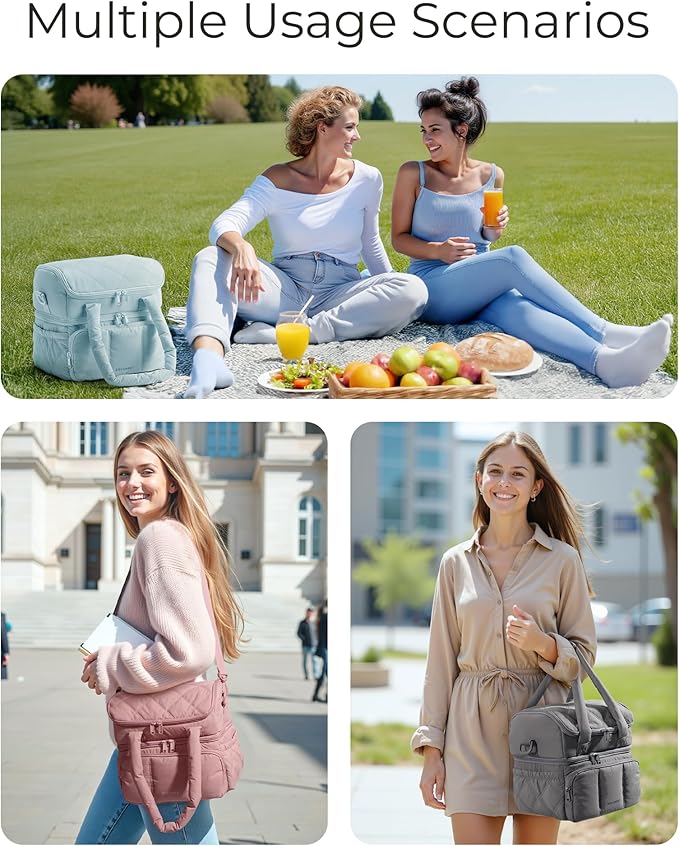 BAGSMART Lunch Bag Women, Double Deck Insulated Lunch Box, Quilted Puffer Lunch Tote, Leakproof, Durable & Reusable Large Lunch Cooler For Work Picnic Travel Meal Prep, Beige