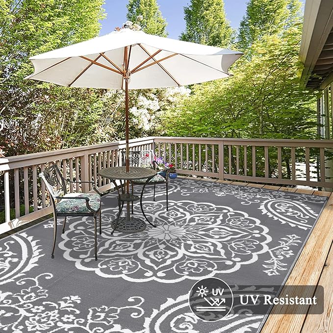 Pauwer Waterproof Outdoor Rug 6x9, Reversible Plastic Straw Patio Camping Rug, Indoor Outdoor RV Mat Carpet for Deck, Camper, Porch, Balcony, Backyard, Picnic, Boho Grey