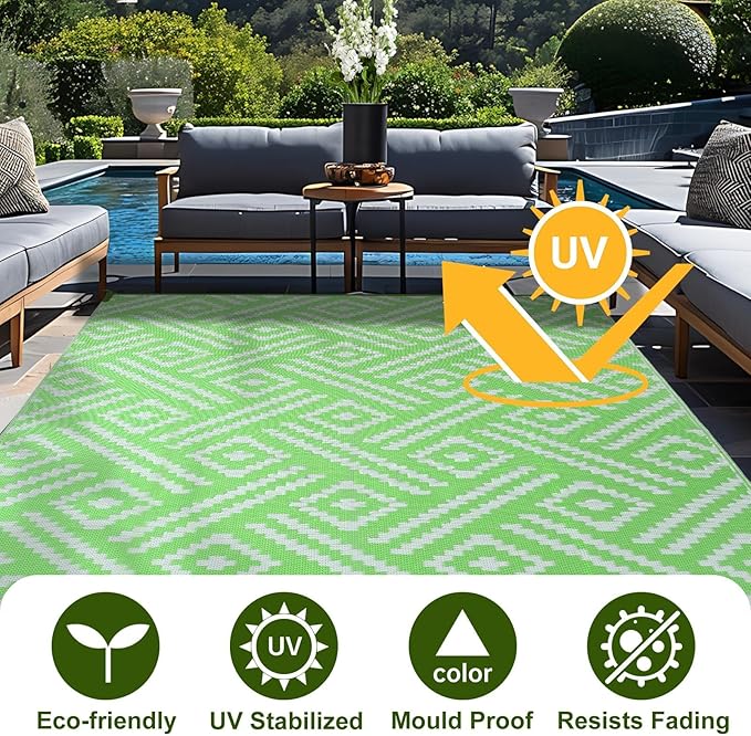 OPPODREAM Outdoor Rug 8x10 Patio Waterproof, Large Outdoor Plastic Straw Rug, Reversible Out Door Carpet for Camping, Deck, Rv, 8 x 10 Area Carpet for Balcony, Porch, Backyard, White and Green