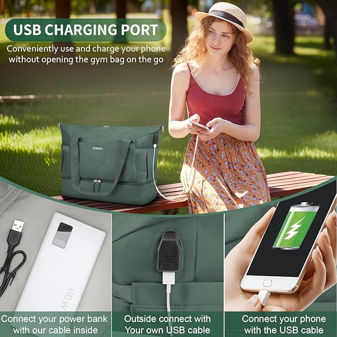 ETRONIK Gym Bag for Women, Travel Duffel Bag with USB Charging Port, Weekender Overnight Bag with Wet Pocket and Shoes Compartment for Women, Travel, Gym, Yoga (Dark Green)