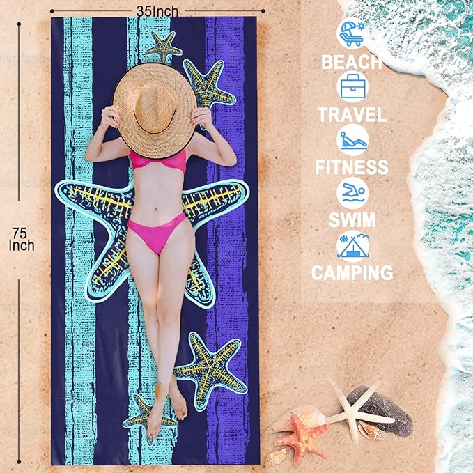 Bnuitland Starfish Pattern Beach Towel (35X75 inches), Oversized Quick Drying Absorbent Sand Free, Cute Towels for Travel Swimming Pool Picnic, 88% Polyester and 12% Polyamide, Blue