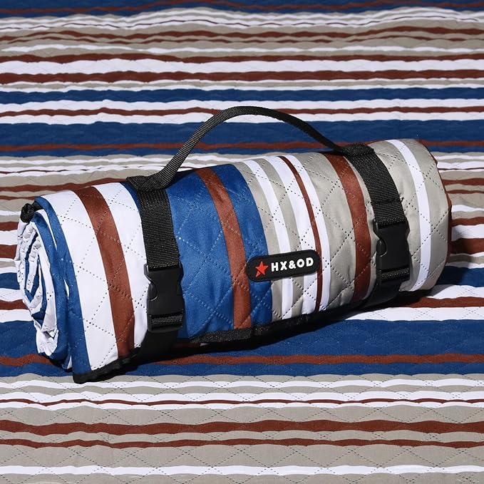 HX&OD Picnic Mat; Picnic Blanket; Waterproof Picnic Mat.(Dark Blue & Brown, 80”x 80”)