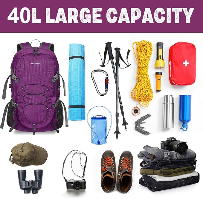 40L Lightweight Hiking Backpack Travel Packable Daypack for Women and Men, Purple
