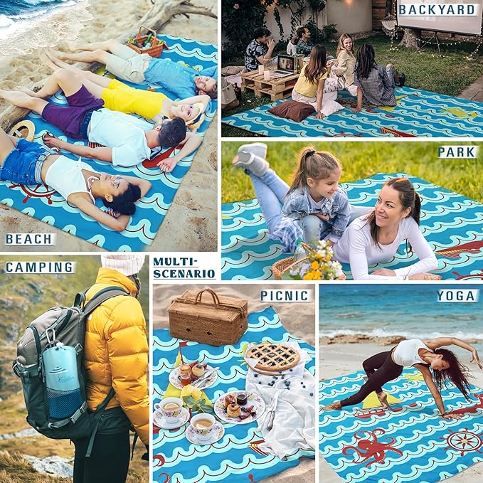 Beach Blanket Sandproof Waterproof 78''×81''1-5Adults Oversized,Compact Lightweight Durable Beach Mat for Travel Camping Hiking Picnic Blanket