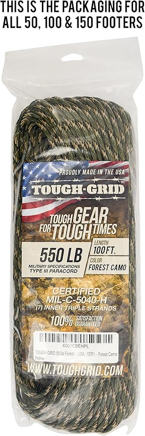 TOUGH-GRID Premium 550lb Paracord Rope - 50Ft White - 100% Nylon Type III Mil-Spec - UV & Abrasion Resistant - Heavy Duty Strands - Outdoor Survival Rope - Used by US Military - Made in USA