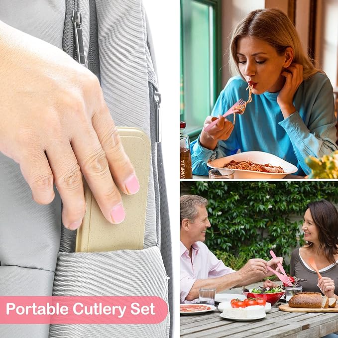 Reusable Travel Utensils Set with Case, 5 Sets Wheat Straw Portable Plastic Fork Spoons Knife Camping Cutlery, Eco-Friendly BPA Free Lunch Tableware for Kids Adults Travel Picnic Utensils