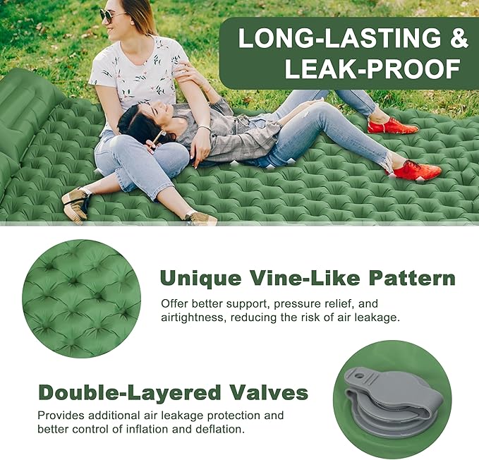 SYITCUN Self-Inflating Sleeping Mats for Camping, 2 Person Sleeping Pad for Camping, Double Ultra-Light Inflatable Camping Mattress with Pillow, Built-in Foot Pump for Backpacking, Hiking & Travel