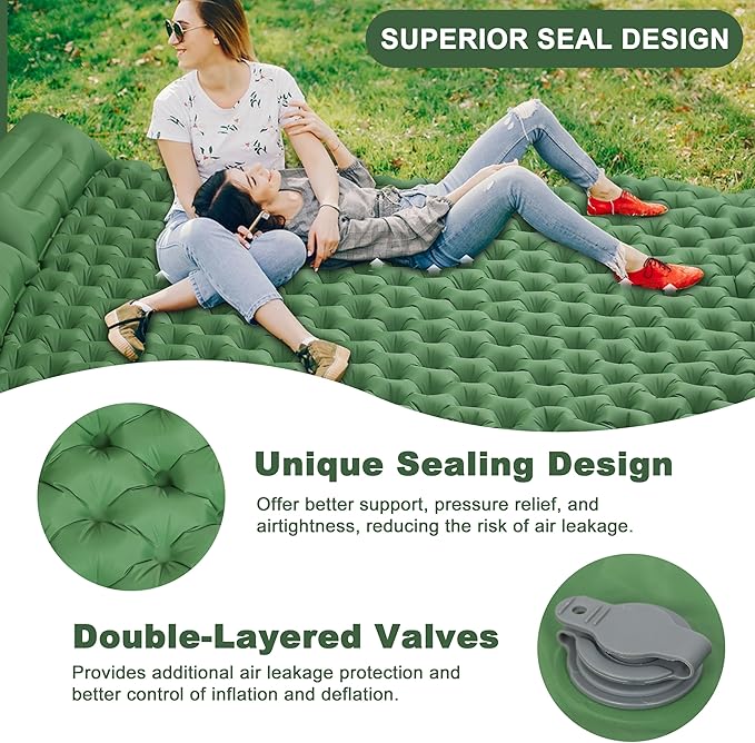 Deluxe 2-Person Sleeping Pad for Camping, Double Ultra-Light Inflatable Camping Mattress with Pillow, Built-in Foot Pump for Backpacking, Hiking & Travel - Includes Carry Bag & Repair Kit