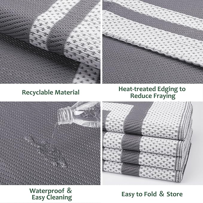 HappyTrends,Outdoor Rug,Patio Rug,Reversible Portable Plastic Straw Rug,Camping Rugs for Outside RV,Large Waterproof Area Rugs for Patio,Deck,Picnic,Porch,Balcony(6'x 9',White&Gray)