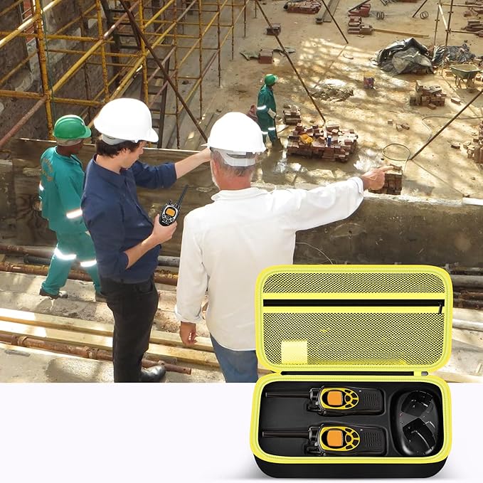 ANKHOH Walkie Talkie Case Holder for 50 Channel GMRS Two-Way Radio, Long Range Handheld Mobile Radios Hard Storage Carrying Box for Rechargeable Batteries, Charger and Headset,Black-Yellow(Bag Only)