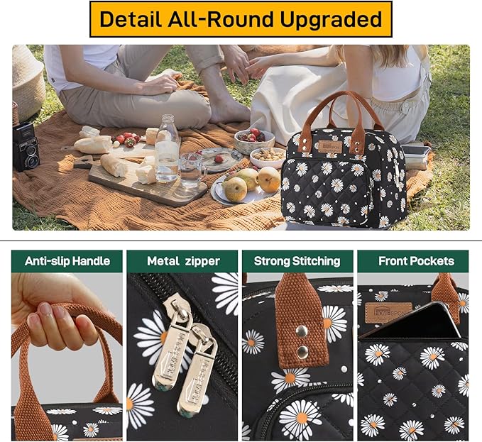 Buringer HOMESPON Lunch Bag for Woman Man Adults with Front Pocket Insulated Lunch Tote Lunch Box Container for Work Picnic or Travel(Daisy)