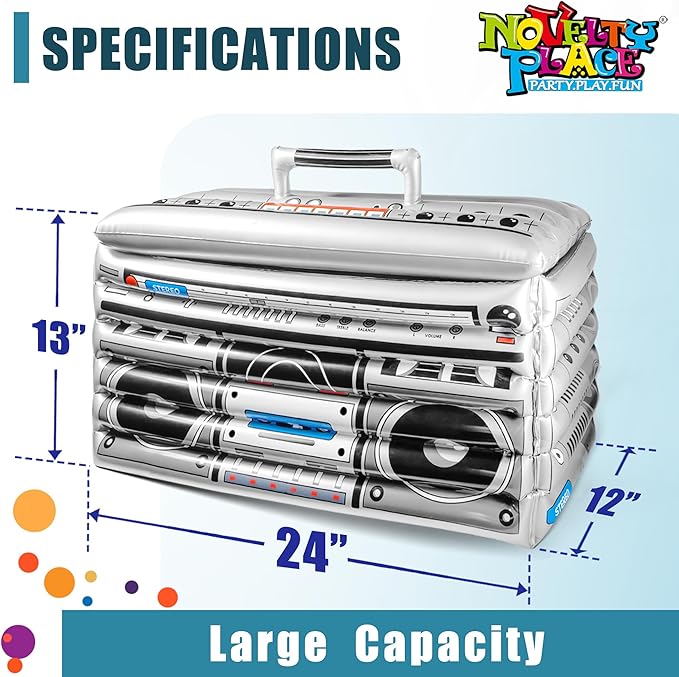 Novelty Place Inflatable Boombox Cooler - Large Capacity Ice Bucket Drink Cooler Blow Up Stereo Decoration for 80s 90s Themed Retro Party, Outdoor Gathering, Pool Celebration, and BBQ