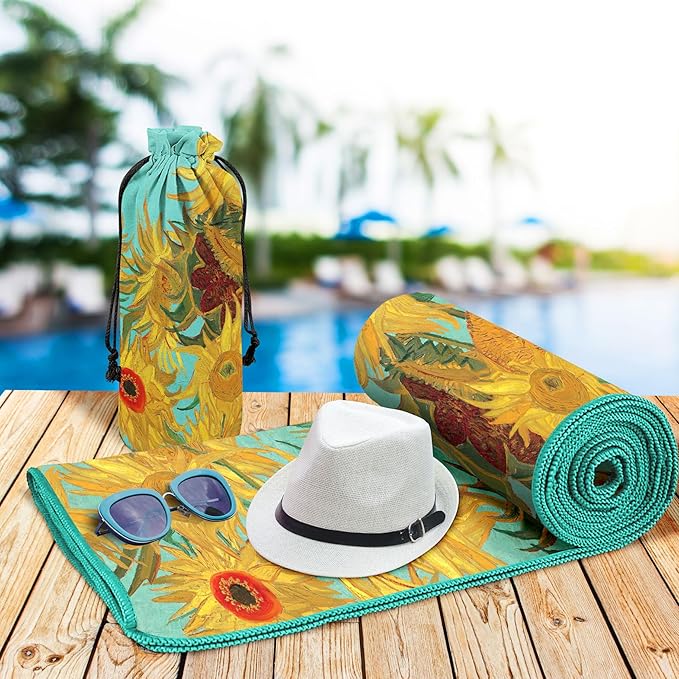 Large Oversized Microfiber Beach Towel - 40x63 Inches, Sand-Free, Quick-Drying, Ultra-Soft, Ideal for Travel, Pool, Yoga, and Camping - Includes Matching Drawstring Travel Pouch, van Gogh Sunflowers