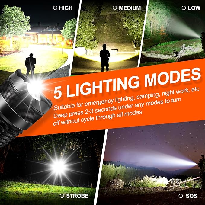 Rechargeable Flashlights, High Lumen Super Bright 150000 Lumens, LED Flashlight with 5 Modes, IP55 Waterproof, Powerful Handheld Flashlight for Camping, Hiking, Emergency