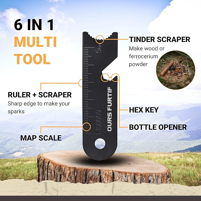 Fire Starter Survival Tool - 3/8" Thick Flint and Steel Ferro Rod - Survival Kit Fire Steel with Fat Wood Tinder Stick & Multi-Tool Striker - for Camping, Emergency, Bushcraft, Outdoor