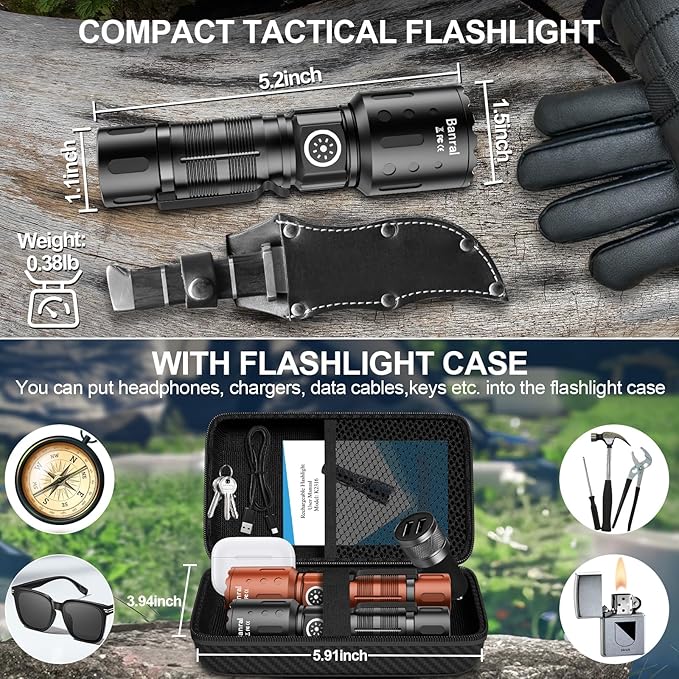 Rechargeable Flashlights 20,000 High Lumens, 1500M Long Throw Super Bright LED Small Powerful Flashlight with Memory Function, 6Modes Pocket Waterproof Flash Light for Camping,Hiking (2, Black/Brown)