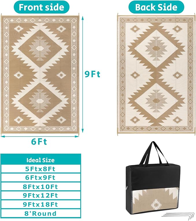 HEBE Outdoor Rug 6'x9' Waterproof for Patios Clearance, Reversible Plastic Straw Rug Camping Carpet, Indoor Outdoor Area Rugs Patio Mats for RV,Picnic,Backyard,Deck,Balcony,Porch