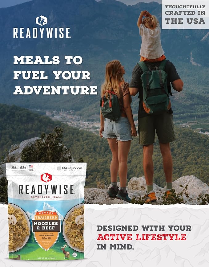 READYWISE - Adventure Meal, Noodles & Beef With Mushroom Sauce, 2 Servings, Pack of 1, Emergency Preparedness, Freeze Dried Food, MRE, Snack Pack or Emergency Food, Backpacking, Camping, Hiking, and,