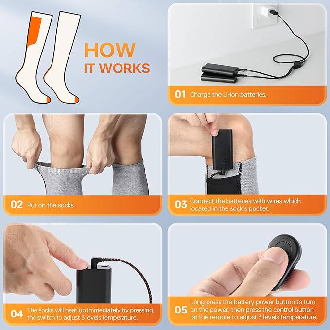 VANRORA Heated Socks for Men Women, 2023 Upgraded 4000mAh 8H Rechargeable Washable Electric Heating Socks Winter Warm Thermal Socks for Outdoor Working Hunting Skiing Camping Fishing Hiking