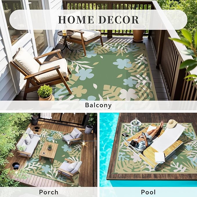 MontVoo Outdoor Rug Waterproof 5x8 ft RV Outdoor Rug for Camping Picnic Mat Outdoor Patio Rug Carpet Plastic Straw Reversible Floral Green Yellow