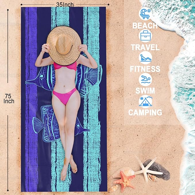 Bnuitland Stripy-Blue Fishes Pattern Beach Towel (35X75 inches), Oversized Quick Drying Absorbent Sand Free, Cute Towels for Travel Swimming Pool Picnic, 88% Polyester and 12% Polyamide, Blue