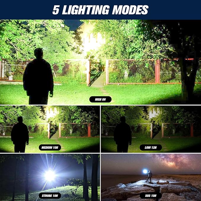 Rechargeable Led Flashlight 250000 Lumen, Super Bright Tactical Flashlight High Lumens 5 Light Modes, IPX7 Waterproof, Zoomable, Powerful Handheld Flashlight for Outdoor Emergency Camping, Hiking