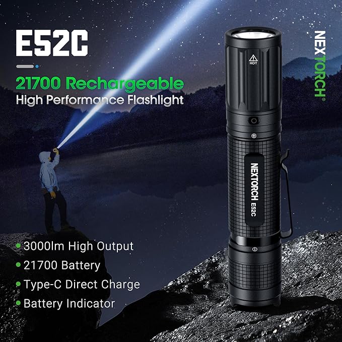 NEXTORCH E52C Rechargeable Flashlight High Lumen, 3000 Lumen Tactical Flashlight with 3 Mode & Strobe for Outdoor Hiking, Daily Overhaul, Camping, Proximity Finding, Urban Commuting, Emergency Defense